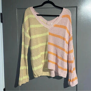 American Eagle V-Neck Bell Sleeve Striped Rainbow Sweater Oversized Baggy Large